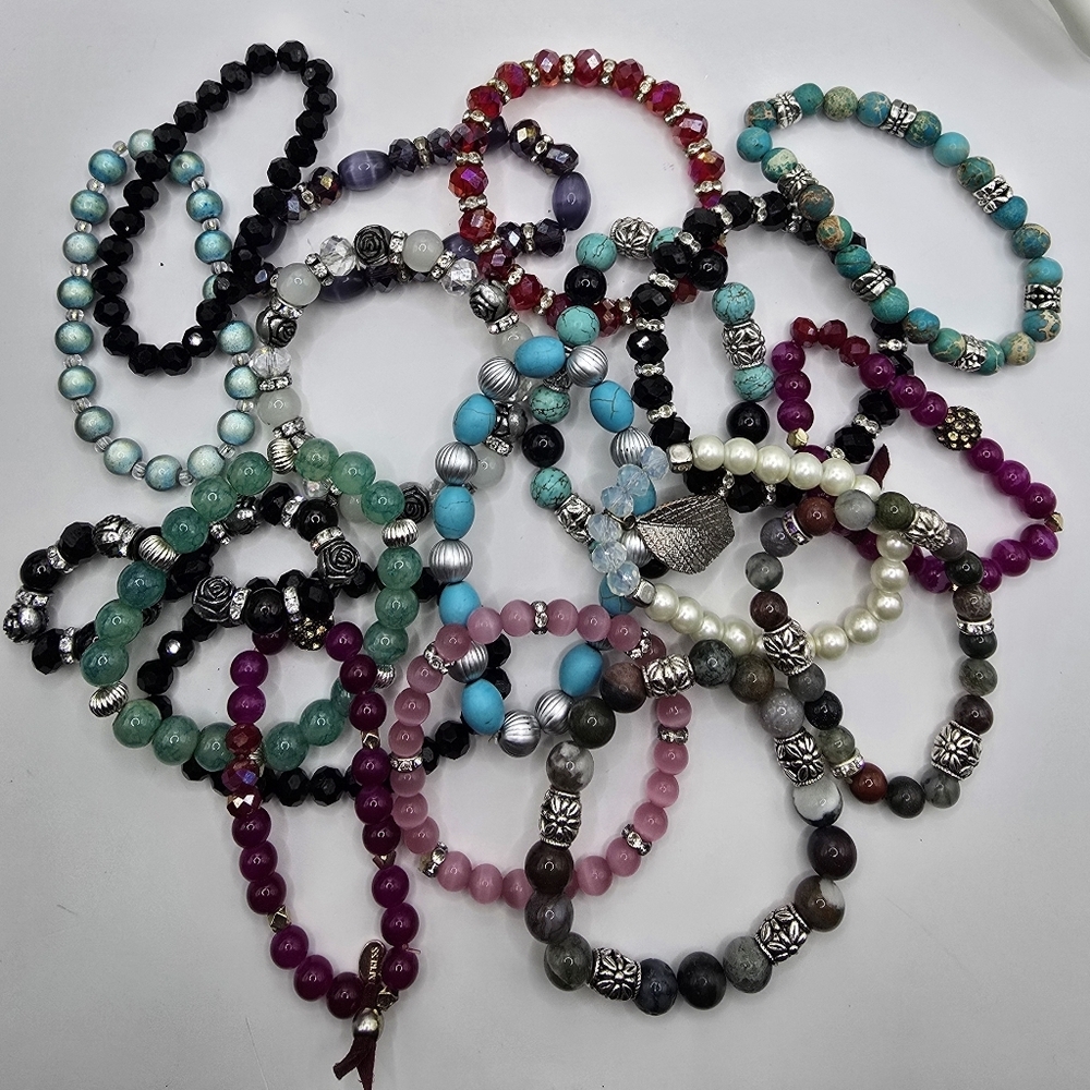 Colorful Glass Stone & Mixed Media Beaded Wearable Or Craft Bracelets Lot Of 18